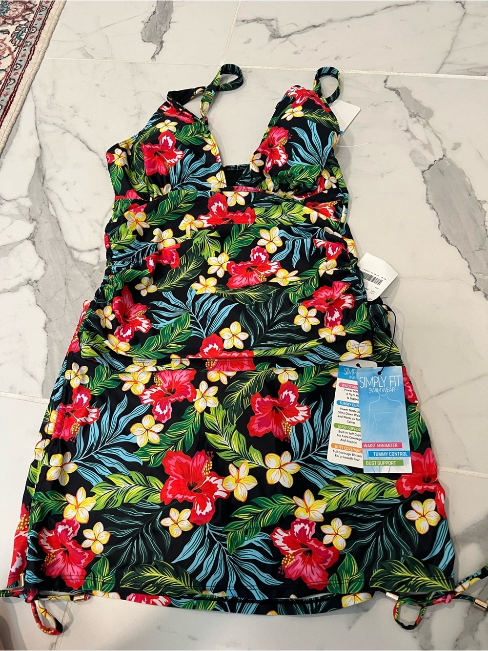 NWT Women’s Floral Tankini Swim Dress - Black with Red & Yellow Flowers